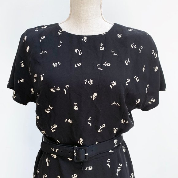 Vintage Dana Buchman Silk Black Floral Print Dress with Matching Belt - Picture 2 of 14